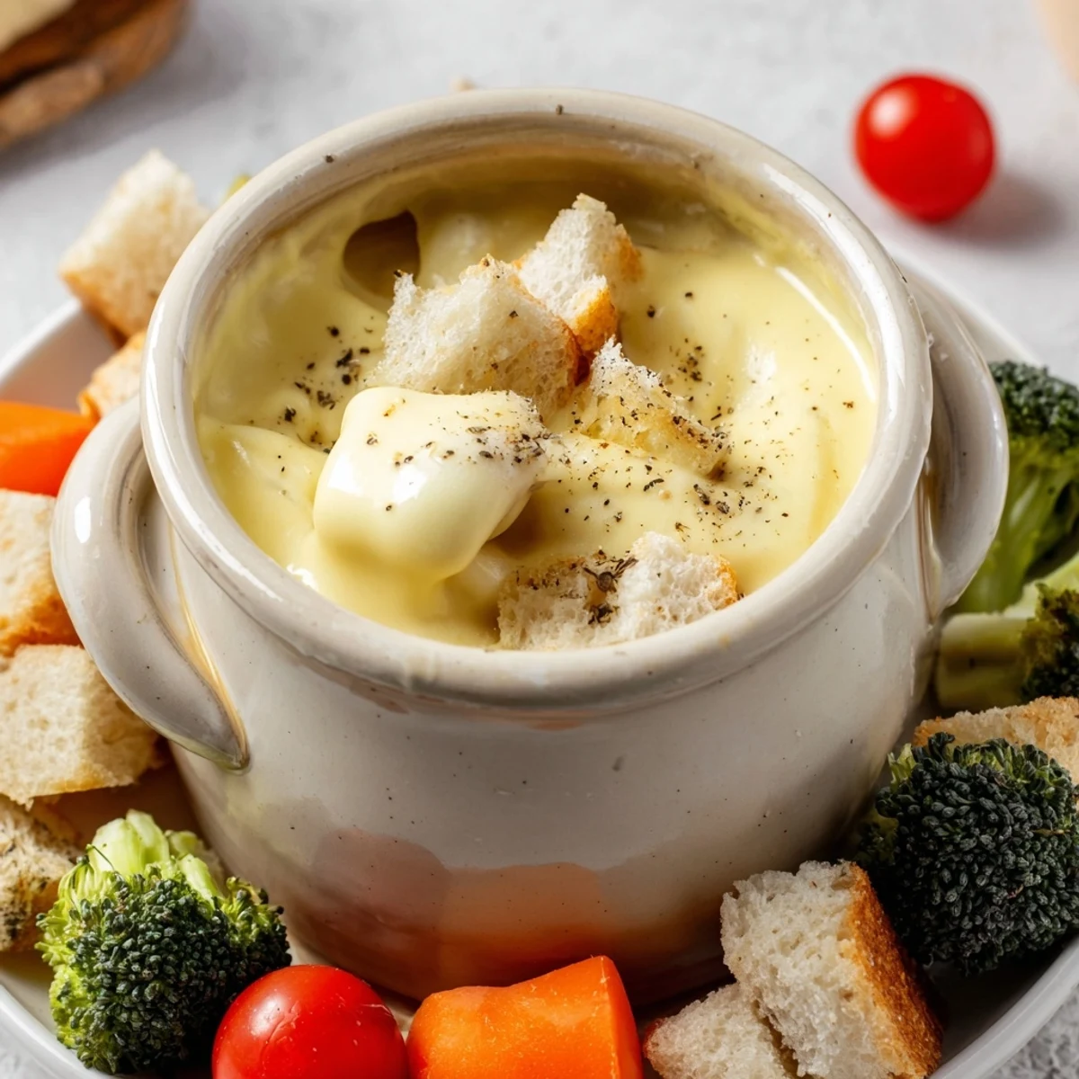 Warm, bubbling Swiss cheese fondue with crusty bread and crisp vegetables, ready for dipping.