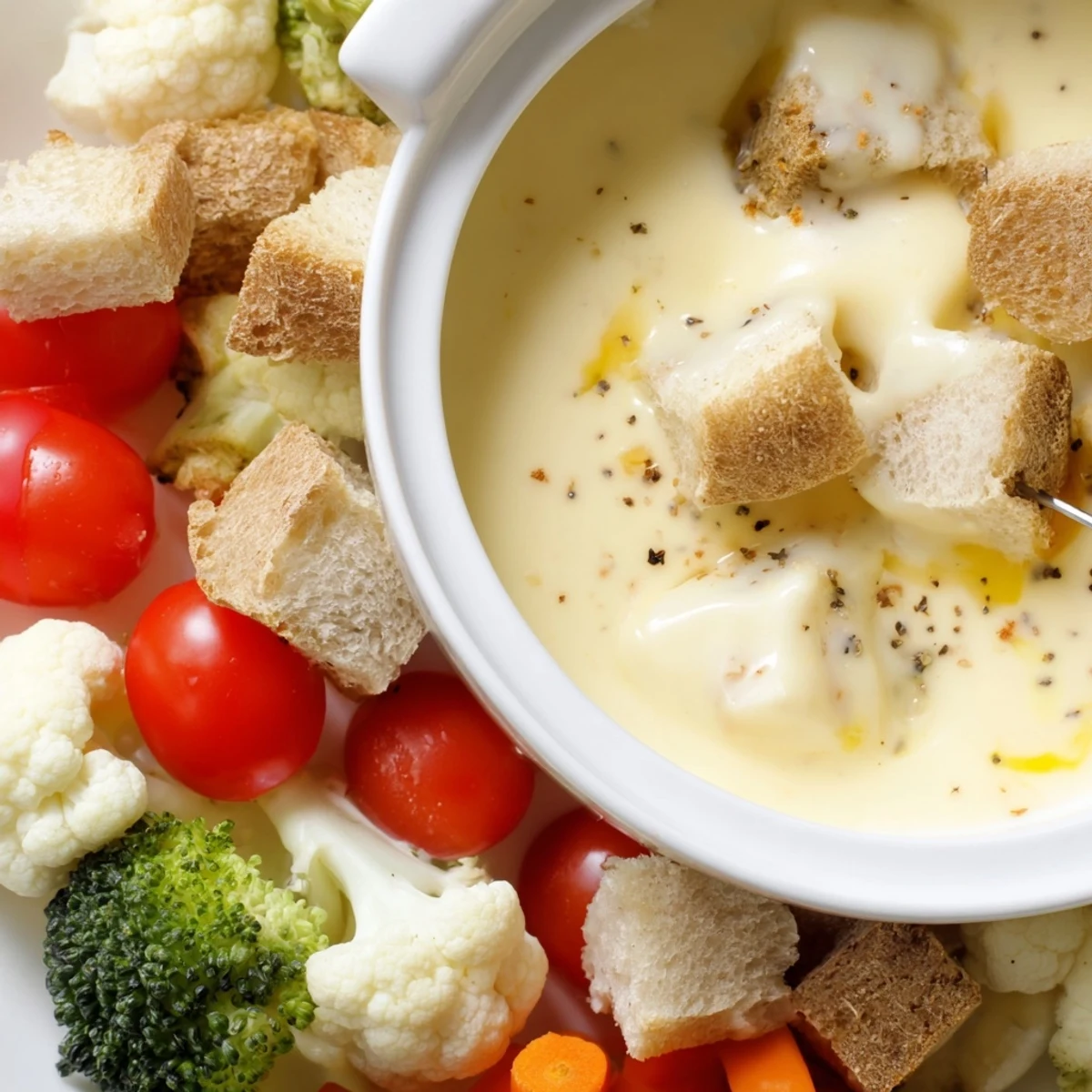Creamy Swiss cheese fondue, a classic dish, served in a fondue pot with assorted dipping items.