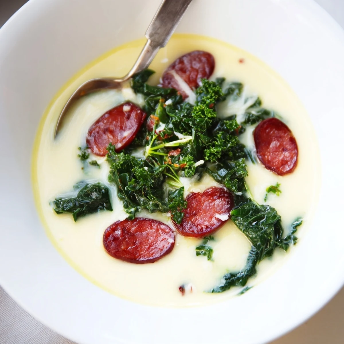 A steaming bowl of Portuguese Caldo Verde, showcasing the hearty potato soup's creamy texture.