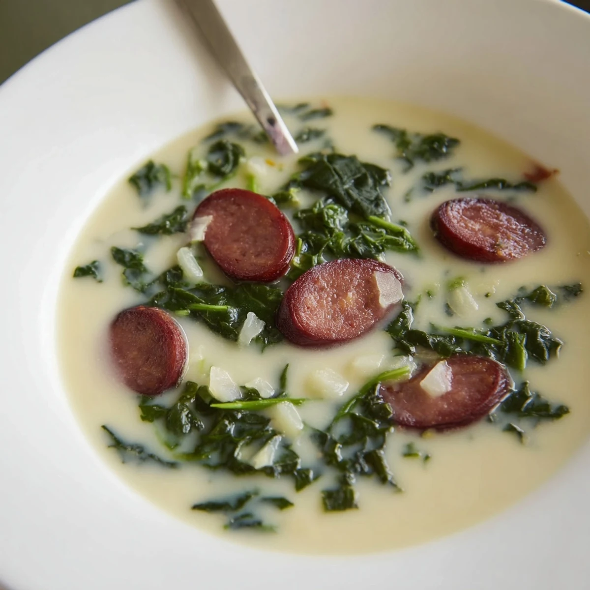 Fragrant Portuguese Caldo Verde, featuring vibrant green kale and flavorful chorizo, ready to serve.