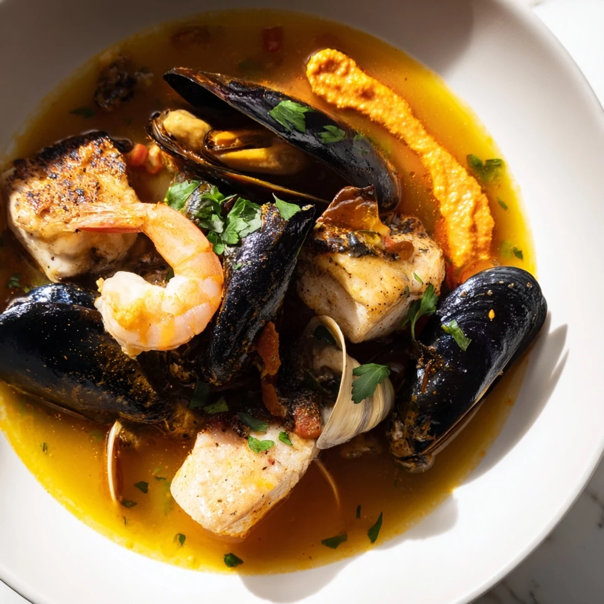 Steaming bouillabaisse, a flavorful French fish stew, with chunks of seafood and vibrant herbs.