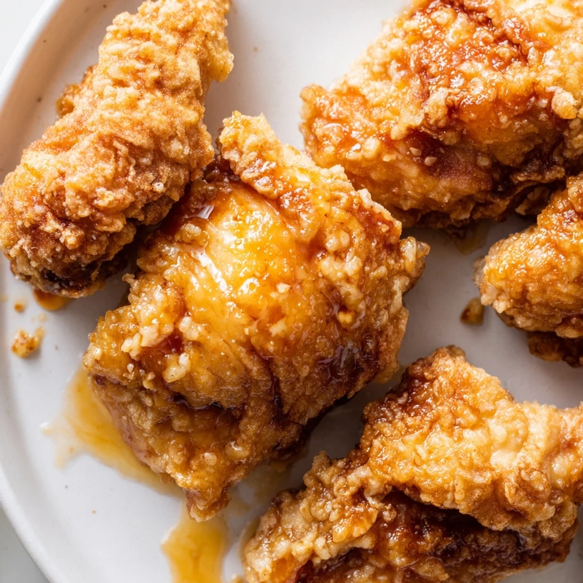 Golden fried Hot Honey Butter Chicken glistening with a sweet and spicy glaze ready to devour.