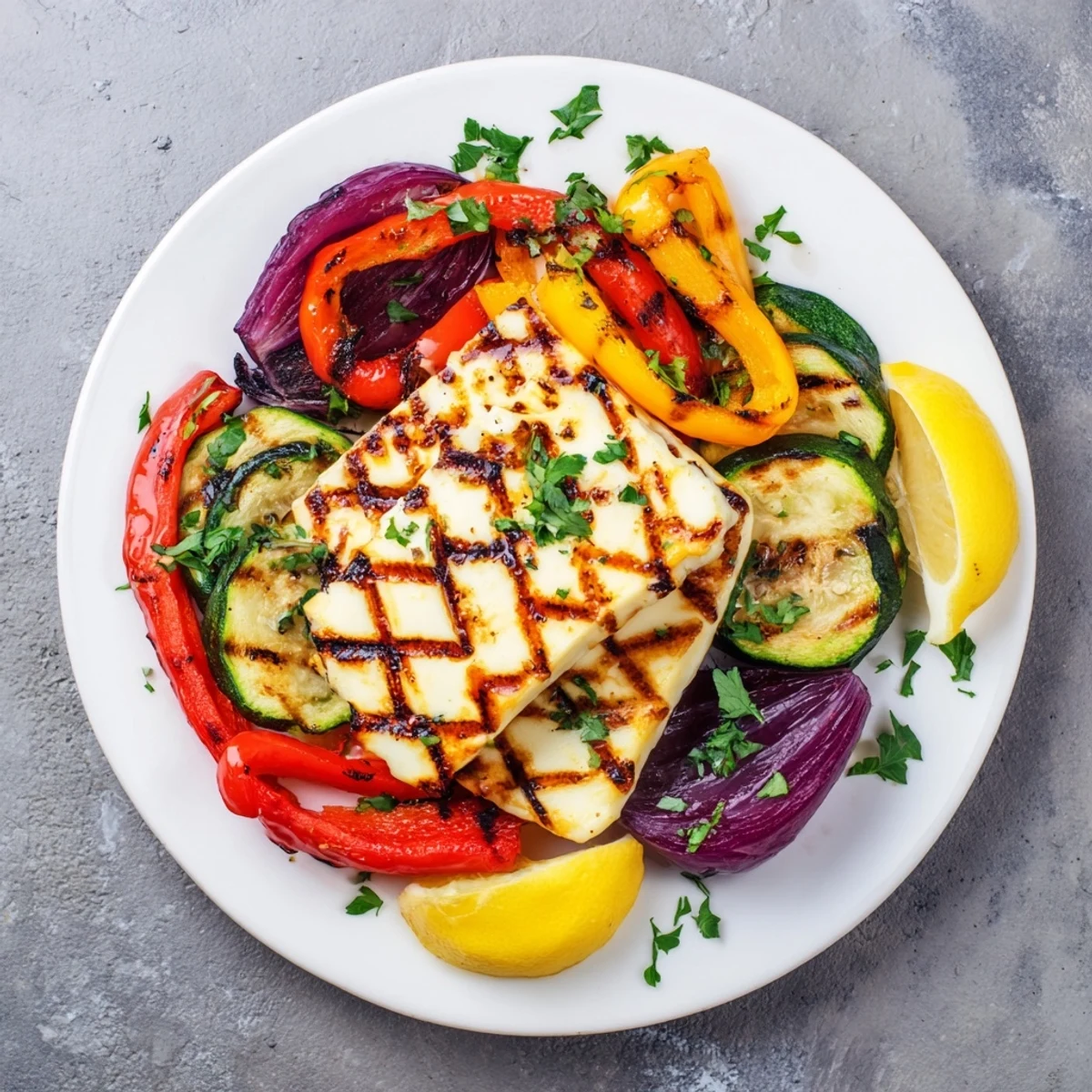 A close-up of a sizzling Grilled Halloumi Cheese Steak, showcasing its perfect grill marks with fresh herbs.