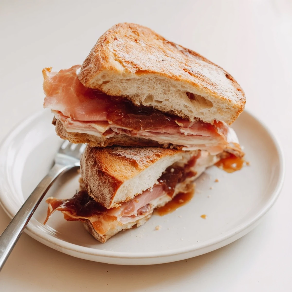 Golden, crispy panini filled with prosciutto, melted cheese, and sweet fig jam.