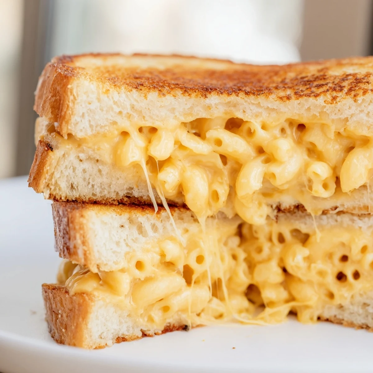 Golden toasted sourdough bread cradles creamy homemade macaroni and cheese in this indulgent Mac & Cheese Grilled Cheese sandwich.