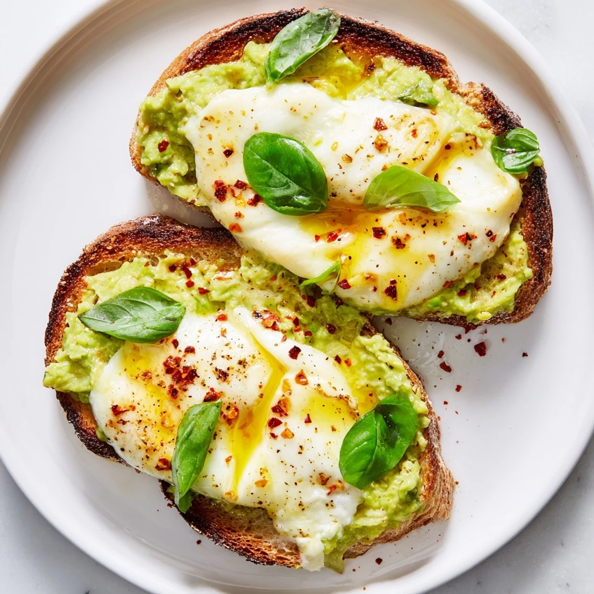 Golden melted mozzarella stretches over creamy avocado mash on a rustic sourdough tartine, garnished with fresh basil leaves.
