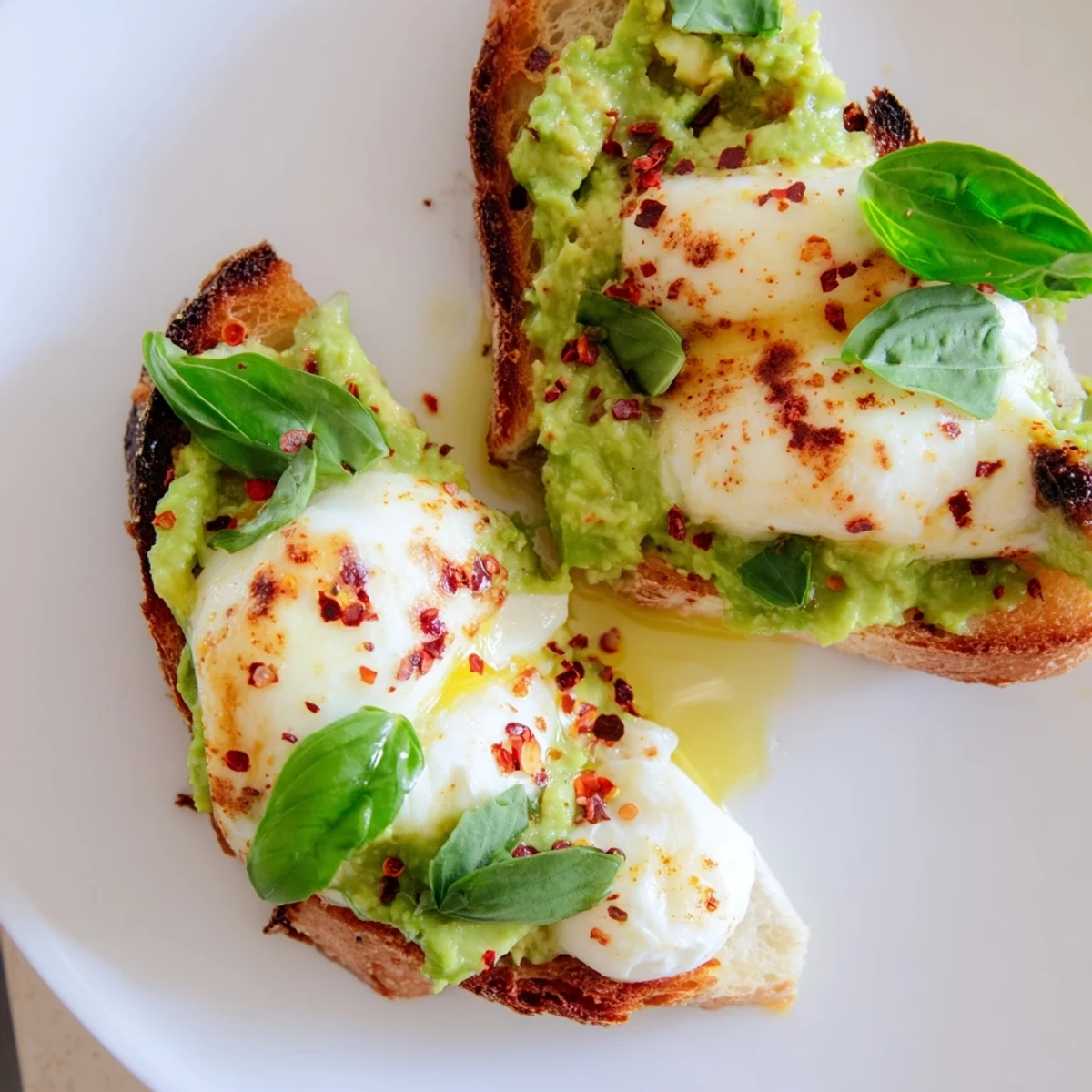 Hot avocado mozzarella tartine is served on a baking tray, olive oil drizzle and red pepper flakes nearby.