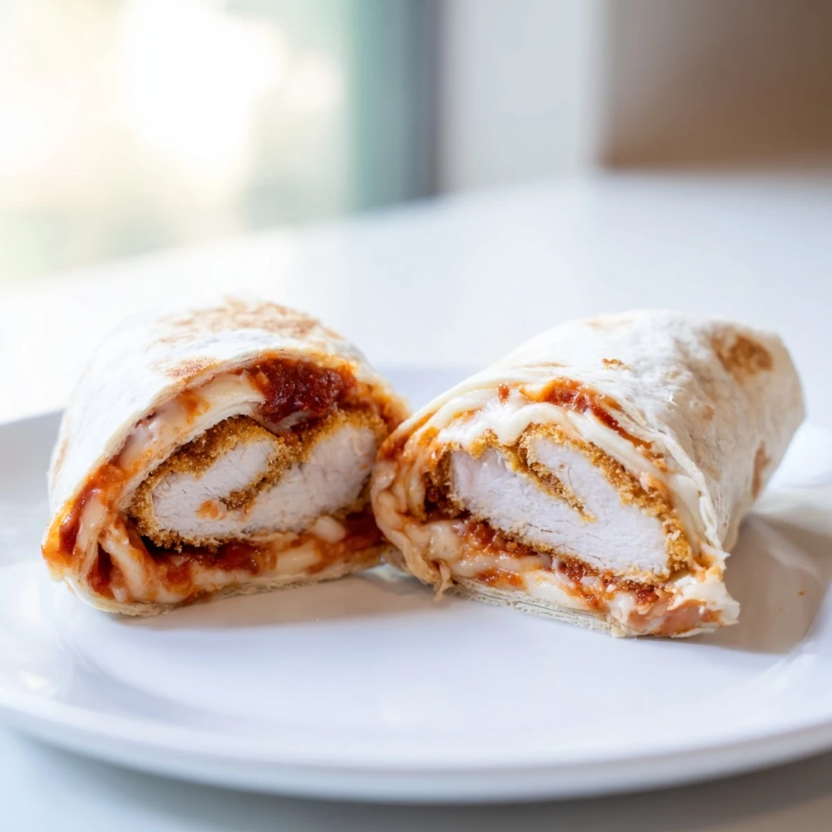 Close-up of a Crispy Chicken Parm Wrap with golden breaded chicken cutlet, marinara, and fresh basil tucked into a warm flour tortilla.