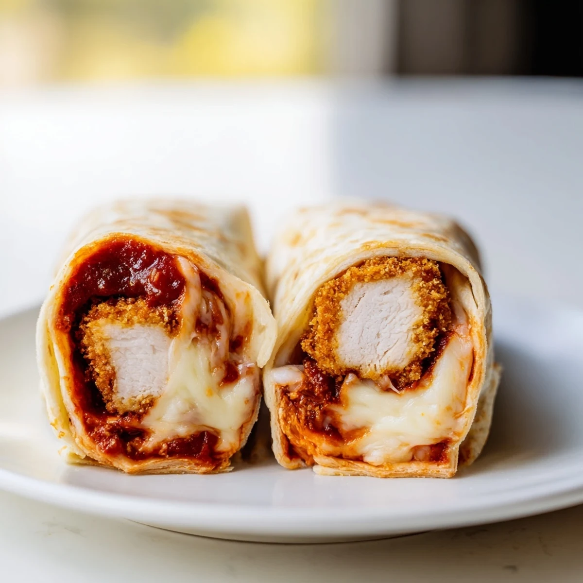 Freshly made Crispy Chicken Parm Wrap cut in half on a plate, served with a small bowl of marinara sauce for dipping.