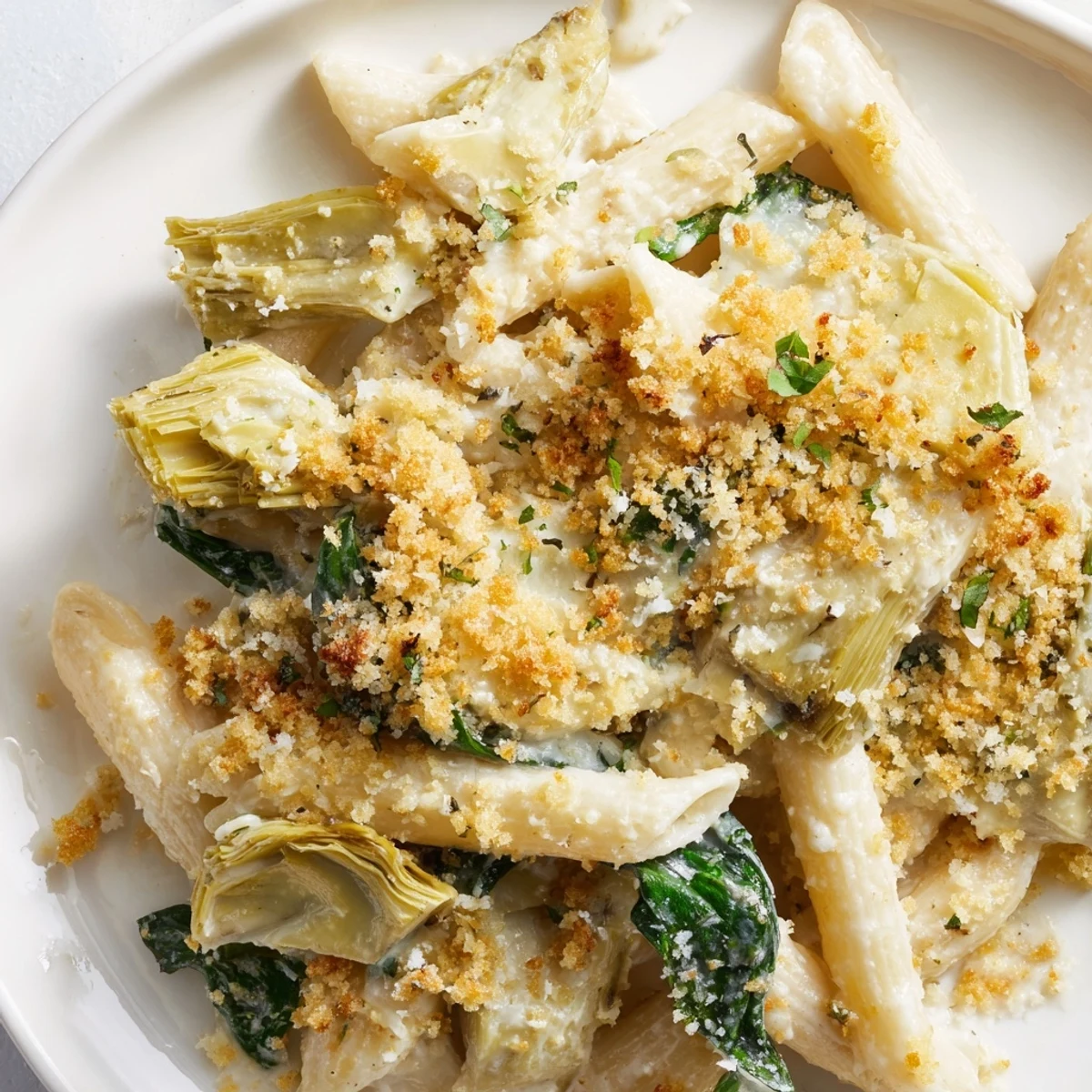 Freshly baked Artichoke Pasta Bake in a white dish, topped with golden breadcrumbs and melted Parmesan, ready to be served as a vegetarian main.