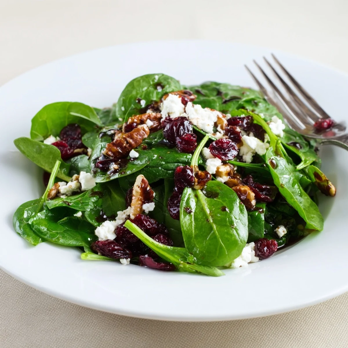 Fresh Spinach Goat Cheese Salad tossed with balsamic vinaigrette, featuring crunchy pecans and chewy cranberries.