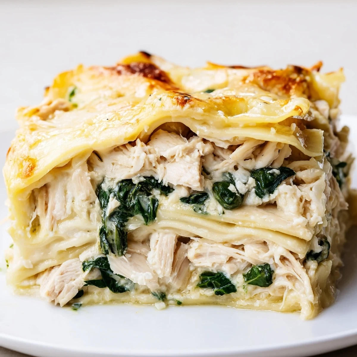 Close-up of rich Chicken Alfredo Lasagna layers, showing velvety Alfredo sauce, spinach, and gooey cheese between pasta sheets.