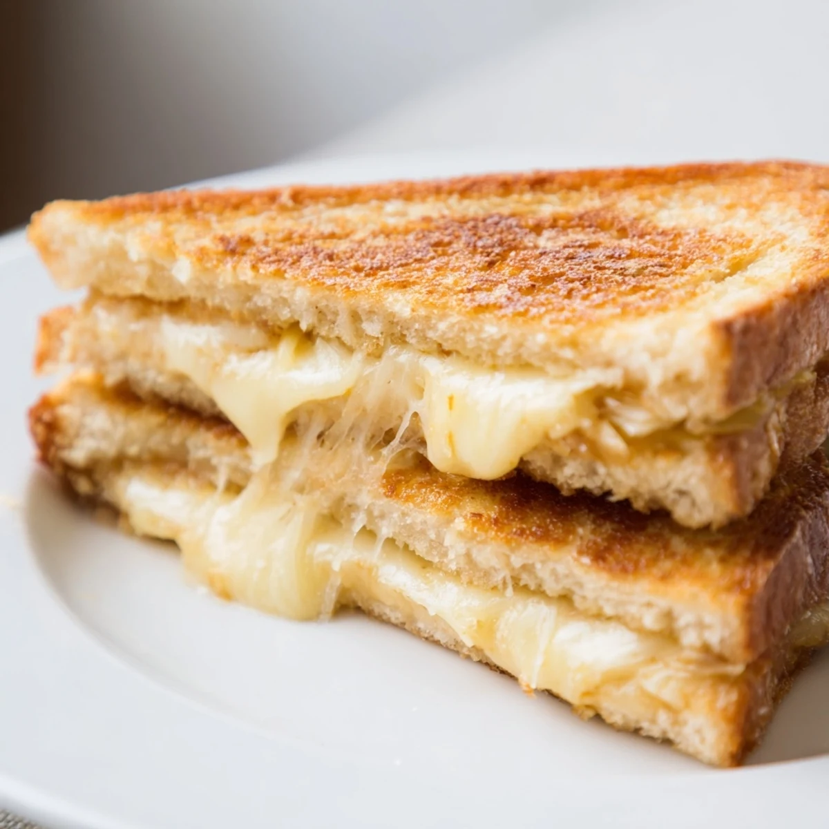 A close-up of the Triple Cheese Sourdough Grilled Cheese, with gooey cheese stretching between buttery, golden-brown sourdough slices.