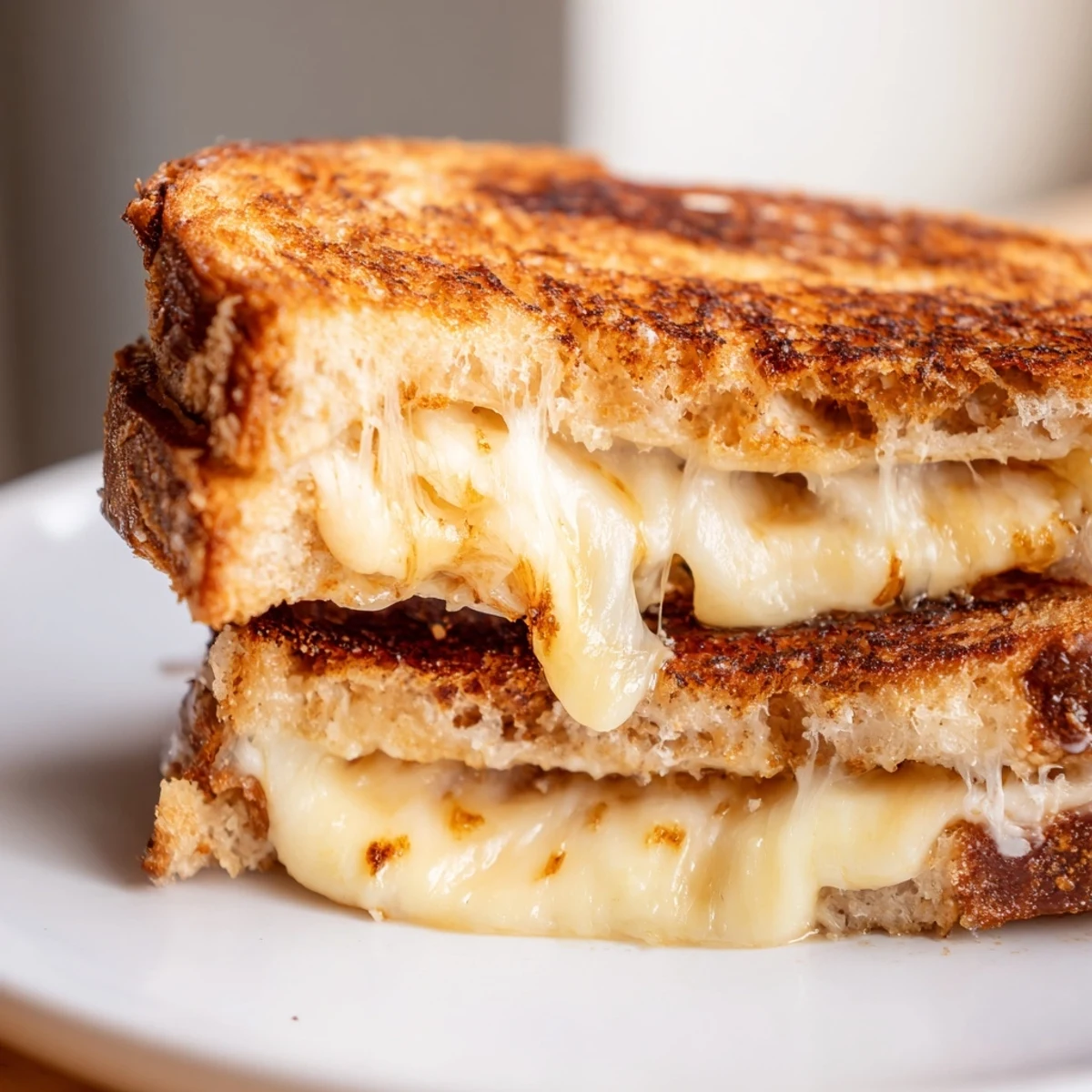 Golden, crispy slices of thick sourdough bread reveal layers of melted cheddar, provolone, and mozzarella in this Triple Cheese Sourdough Grilled Cheese.