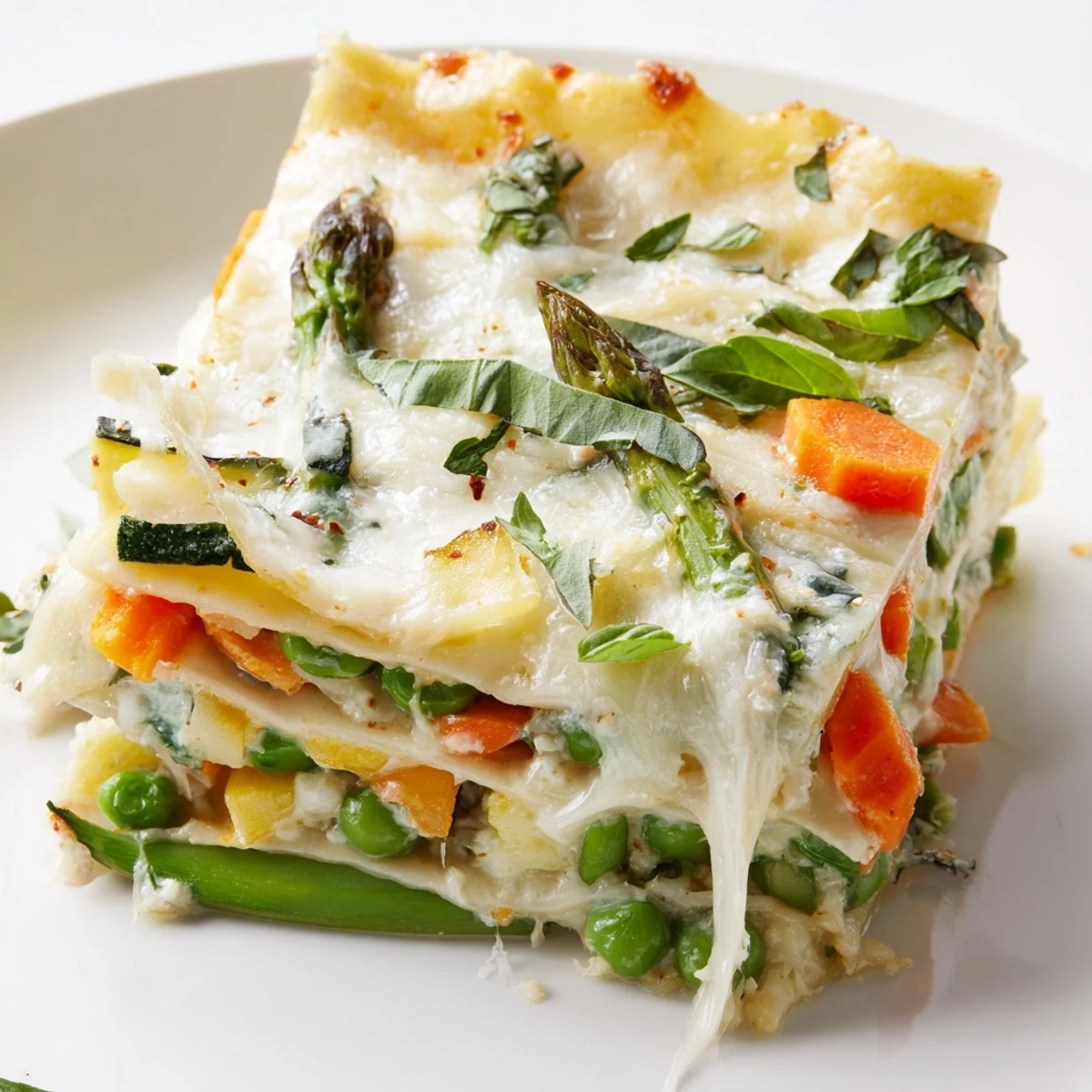 Layers of Spring Veggie Alfredo Lasagna with vibrant asparagus, peas, and zucchini nestled in creamy sauce.