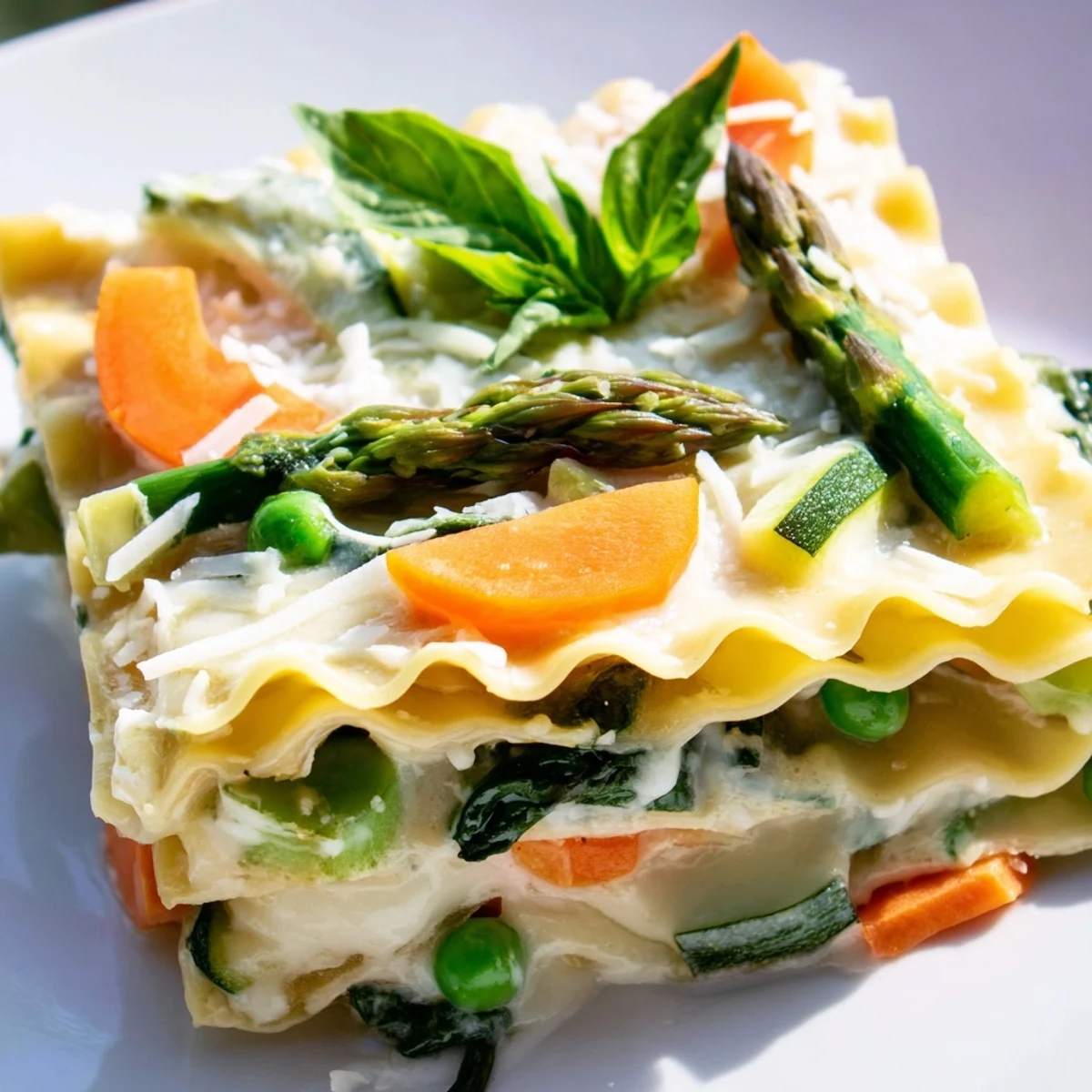 A single slice of Spring Veggie Alfredo Lasagna reveals tender vegetables and cheesy layers on a plate.