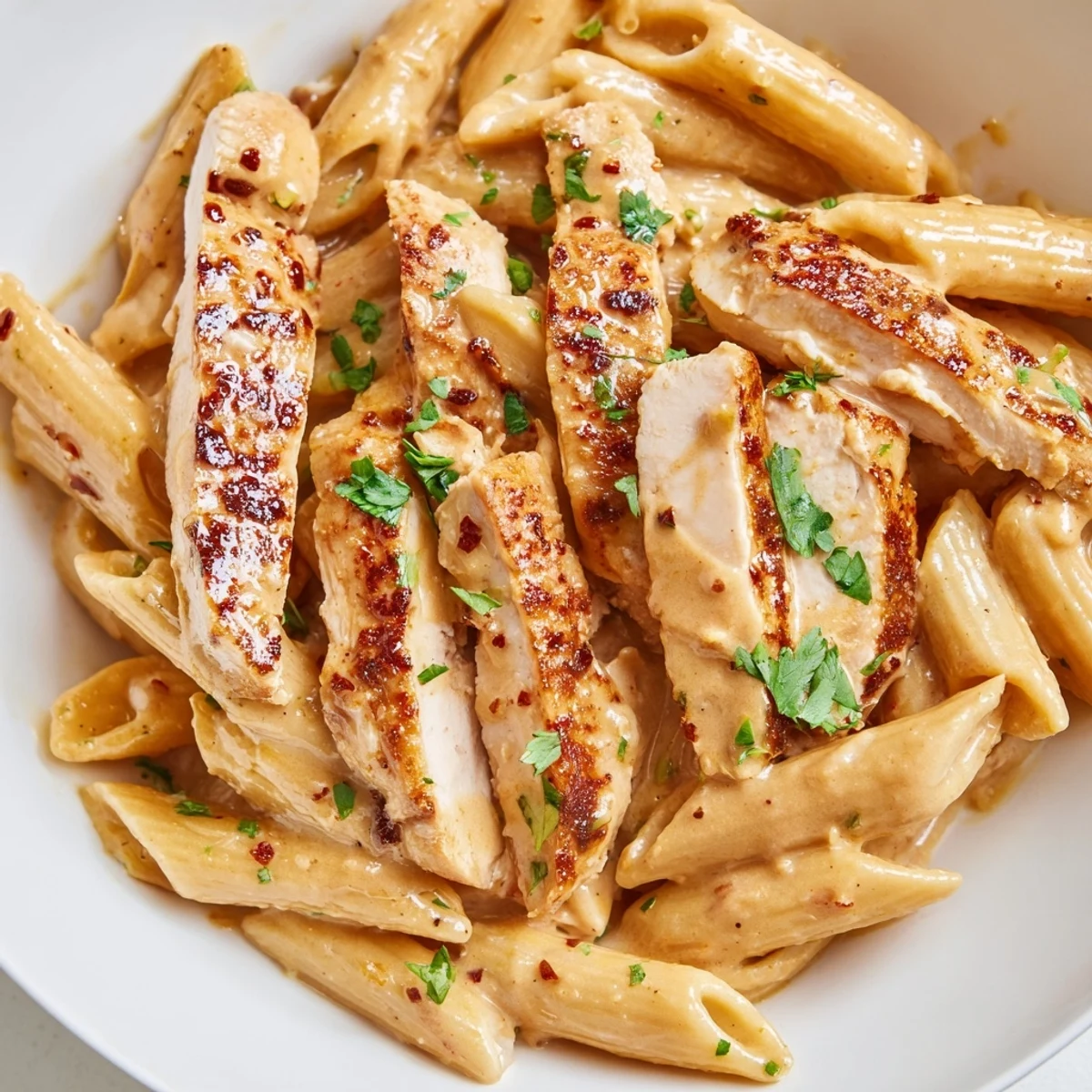 Golden-brown seared chicken slices resting atop penne pasta coated in a glossy honey chipotle cream sauce, garnished with fresh cilantro and grated Parmesan.