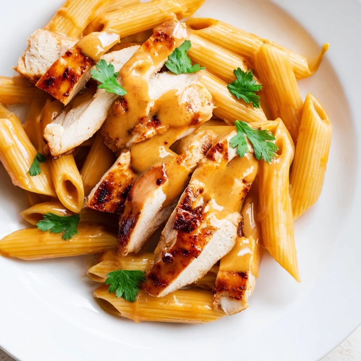 A close-up of creamy Honey Chipotle Chicken Pasta showing tender chicken and al dente penne tossed in a smoky-sweet sauce, with lime wedges nearby.