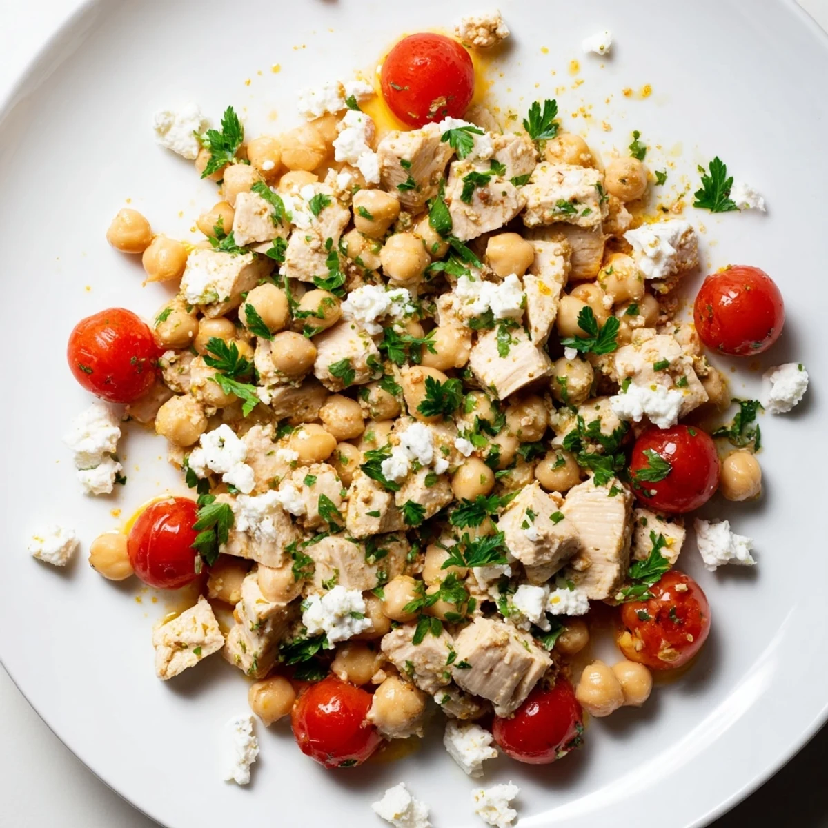 Freshly tossed Mediterranean Chickpea Chicken Salad ready to serve, garnished with parsley and lemon wedges.