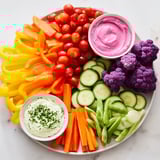 A colorful assortment of fresh veggies, ready to dip into the beet hummus, making these Rainbow Vegetable Dips perfect.