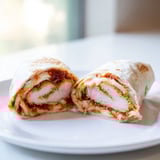 Close-up of a Crispy Chicken Parm Wrap with golden breaded chicken cutlet, marinara, and fresh basil tucked into a warm flour tortilla.