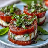 Fresh Caprese Salad with Basil Oil Drizzle - ripe tomatoes, mozzarella, and aromatic basil oil create a colorful summer appetizer.