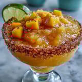 A vibrant frozen mango margarita mocktail served in a salt-rimmed glass with lime wedges and fresh mango slices.