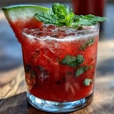 A refreshing glass of Watermelon Mint Lemonade with ice, garnished with watermelon wedges and mint sprigs, perfect for a hot day.