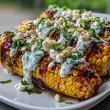 Grilled corn elote style, slathered in rich Mexican crema and topped with Cotija cheese, cilantro, and smoky spices.