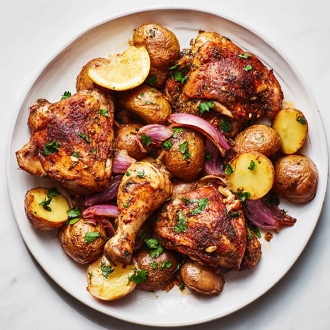 Sheet Pan Zaatar Chicken with crispy potatoes, golden chicken skin and delicious Middle Eastern flavors.