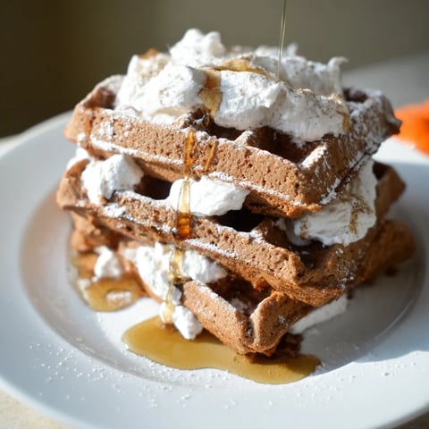 Express Gingerbread Waffle Stacks: A delicious, stacked breakfast of warm gingerbread waffles dripping with syrup.