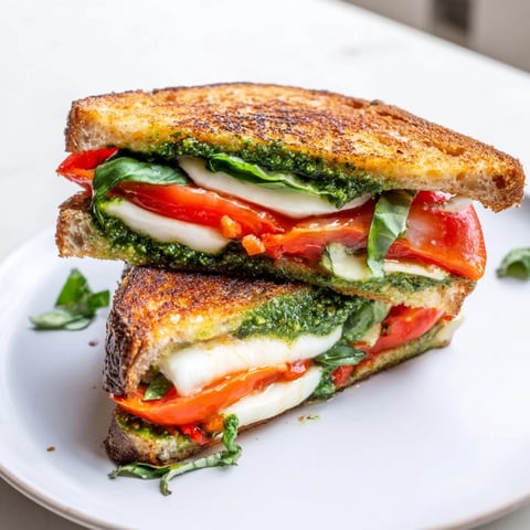 Golden, bubbly Caprese Pesto Panini-Style Grilled Cheese, oozing melted mozzarella and ripe tomatoes.