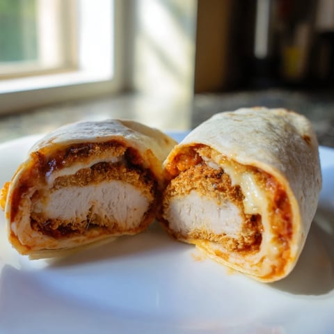 Golden brown Crispy Chicken Parm Wrap sits on a cutting board, cut in half to show melted mozzarella and marinara sauce inside the soft tortilla.