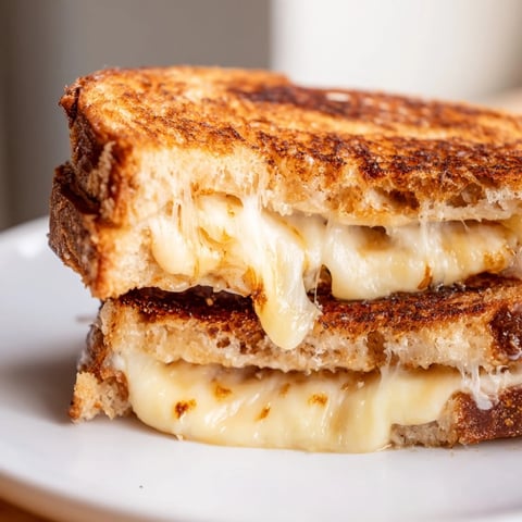 Golden, crispy slices of thick sourdough bread reveal layers of melted cheddar, provolone, and mozzarella in this Triple Cheese Sourdough Grilled Cheese.