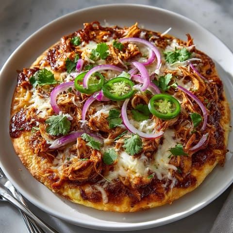 Golden melted cheese blankets a flavorful BBQ chicken pizza flatbread, perfect for dinner.