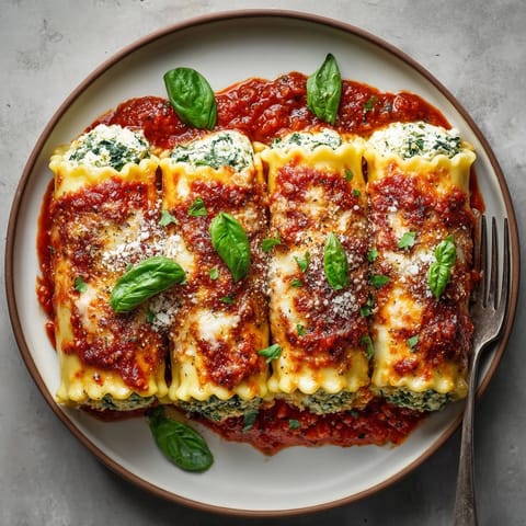 Close-up of creamy ricotta spinach lasagna rolls nestled in rich marinara sauce, just baked.