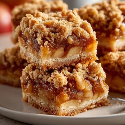 Closeup of Cinnamon Apple Crisp Bars with tender spiced apples and buttery, crumbly crust layers