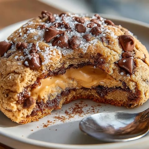 Chocolate peanut butter filled cookies split open, showing creamy peanut butter filling inside.