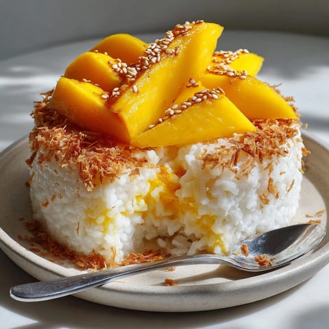 Golden ripe mango slices adorn a bowl of fragrant, glistening Mango Sticky Rice Pudding.