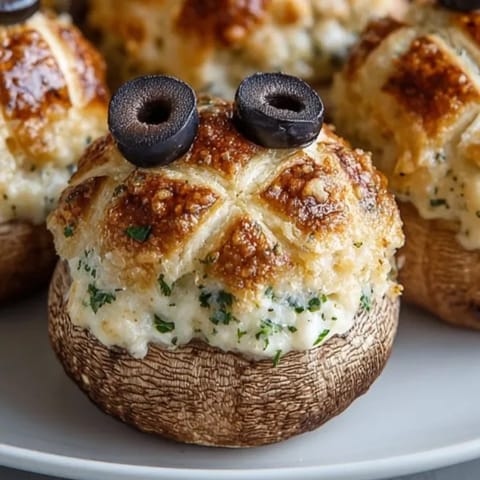 Halloween Mummy Stuffed Mushrooms: Savory cream cheese filling peeks out from pastry wrappings.