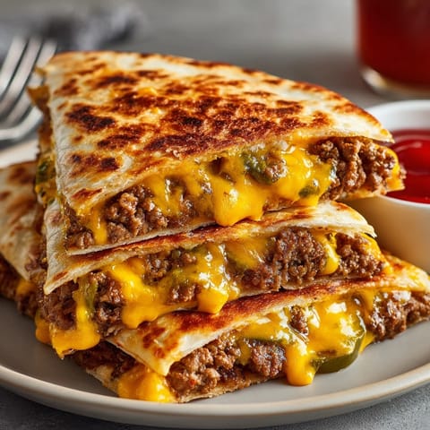 Close-up of Cheeseburger Quesadillas section with juicy beef, pickles, and tangy burger sauce.