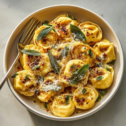 Close-up of homemade Brown Butter Pumpkin Tortellini, showcasing the pasta&amp;#39;s rich color and creamy filling.