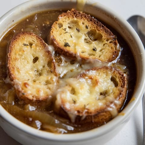 Golden French Onion Soup with crusty bread and melted cheese, steaming hot.