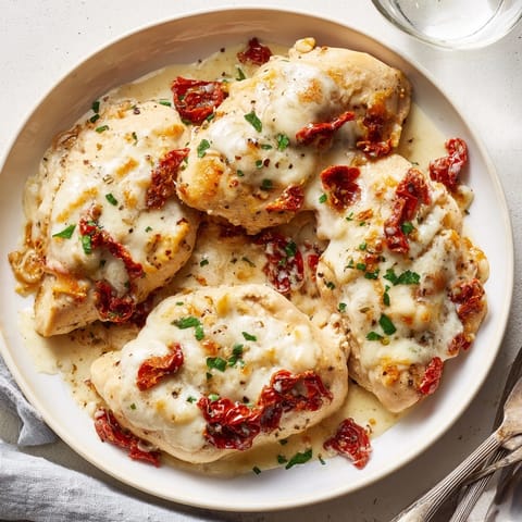 Golden Alfredo Sundried Tomato Chicken Bake, bubbling hot, ready for weeknight dinner.