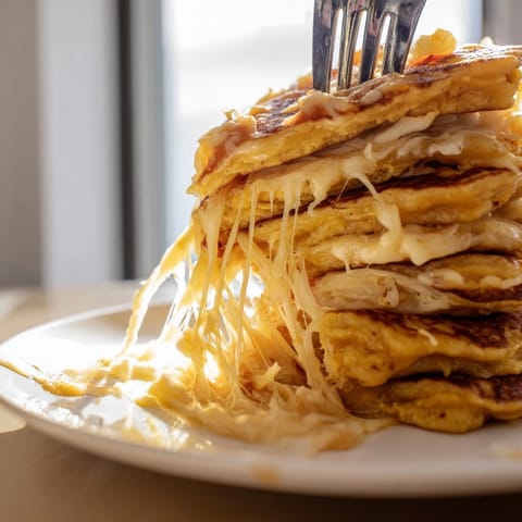Delicious pumpkin pancake skewers, layered with melted cheese, perfect for brunch gatherings.  