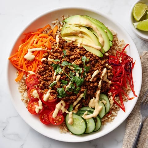 Delicious plant-based meat bowl featuring colorful vegetables and creamy spicy drizzle.  