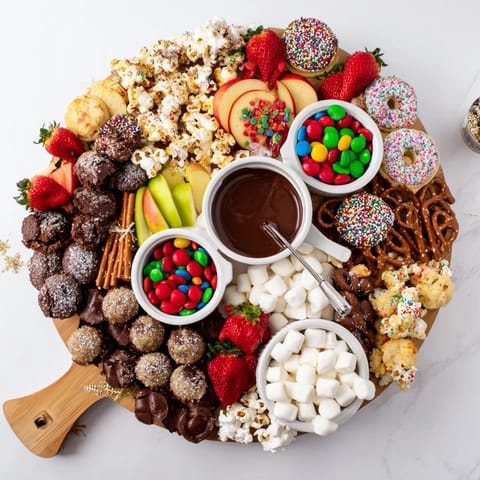 Festively arranged dessert board featuring cookies, candies, and chocolate fondue delights.  
