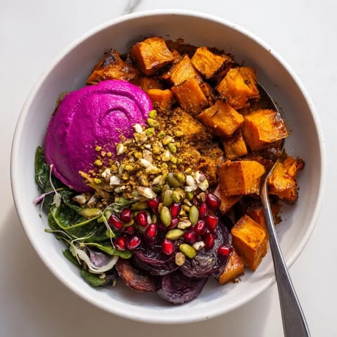 Nutrient-rich spiced winter bowls featuring ube-coconut purée and pistachio crumble.  