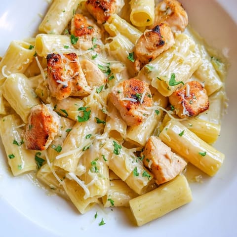 This close-up photo shows a delicious bowl of Creamy Garlic Parmesan Chicken Rigatoni, ready to eat.
