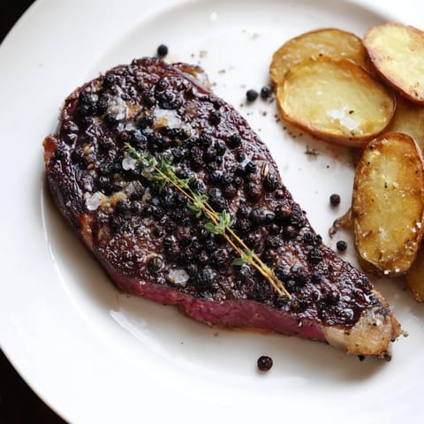 Golden-crusted Classic Peppercorn Ribeye with fries, a close-up shows the steak's peppered crust perfectly.